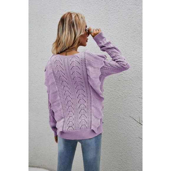 Openwork Round Neck Ruffled Sweater - Picture 6 of 16